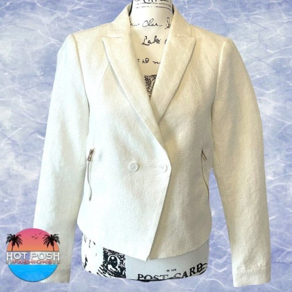 Anthropologie Color Block Off White Long Sleeve 2 Button Brocade Blazer Medium 